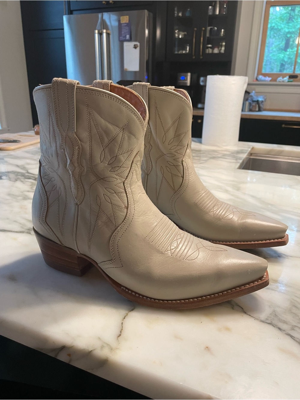 Tecovas Cream Leather Cowboy Boots with Tan Interior